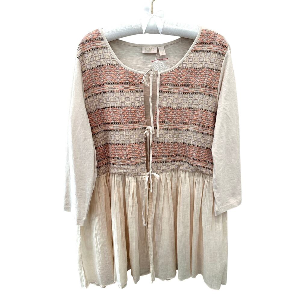 LOGO | Boho Embroidered Peasant Cream Pink Beaded Tie Front Tunic Top | Large